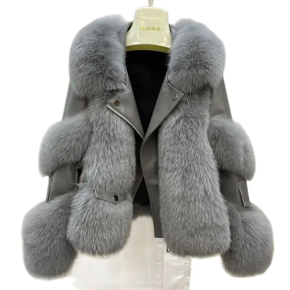 Women Winter Outerwear Tops Warm Short Fox Fur Coat Leather Full Motorcycle Jacket y 241216