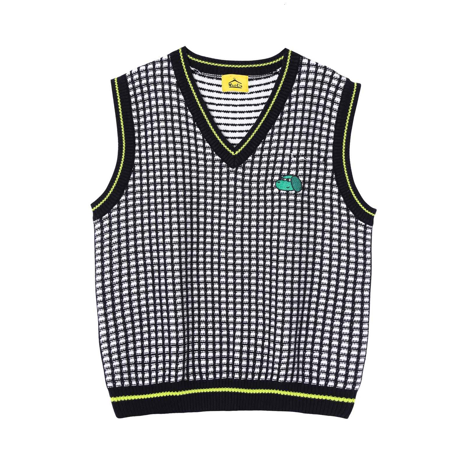 Womens Vintage Knit Vest Loose Black Plaid Cartoon y Cotton Pullover Sleeveless Sweater Original Niche er Autumn 241218