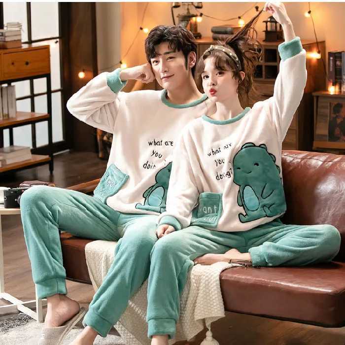 Unisex flannel sleepwear new womens winter warm wool couple sleepwear set couple sleepwear cute cartoon sleepwear W241221