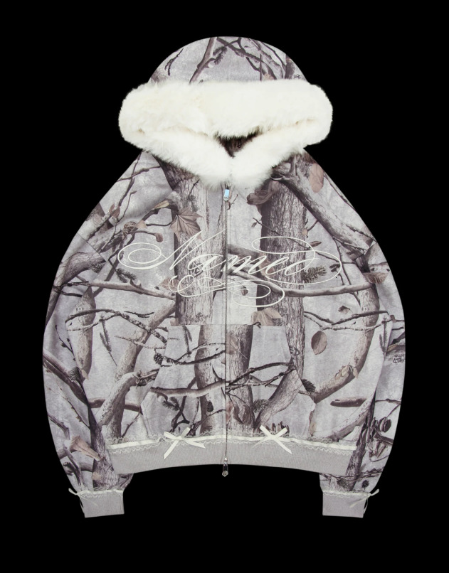 New Winter Leaf Camouflage Print Fur Collar Cardigan Jacket Y2k High Street Haruku Warm Casual Loose Hooded Couple Sweatshirt