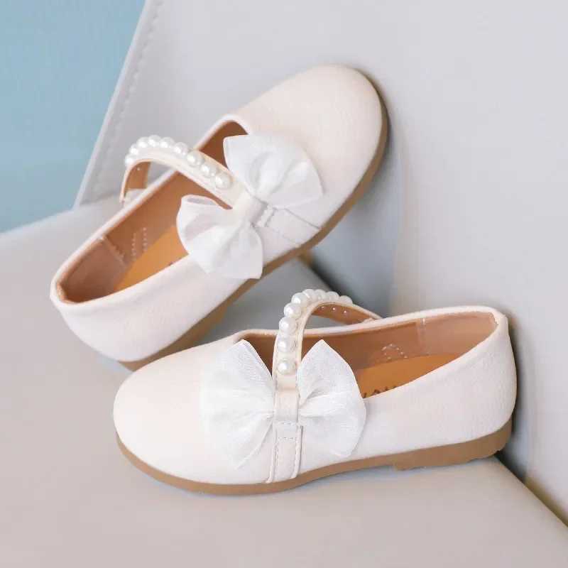 Sneakers Kids Mary Janes Shoes for Party Wedding Children Elegant Princess Shoes with Bow-knot Girls Pearls Flats Leather Shoes Round-toe H241221