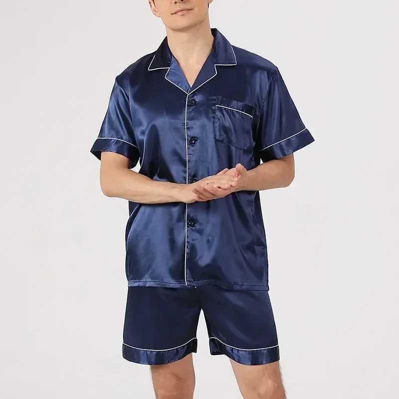 Pajama color set Solid mens home shorts Thin silk mens shirt+shorts Ice summer set Pajama casual 2-piece satin sleeves W241221