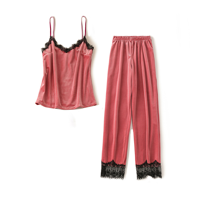B101-Gold velvet pajamas women 2024 new autumn and winter sexy lace suspenders nightgown trousers three-piece suit