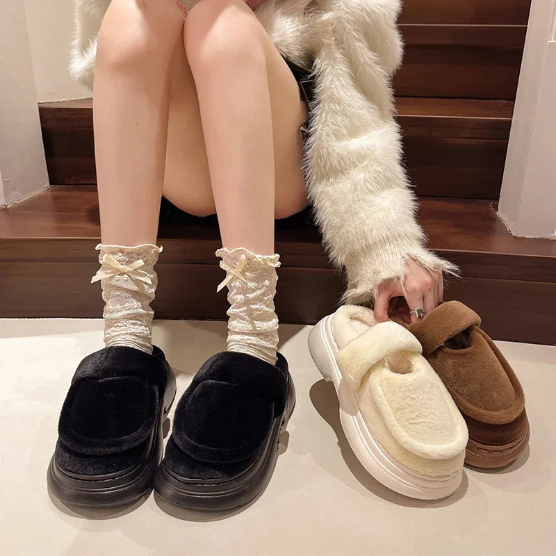 Platform Flats Fur Home Cotton Slip Womens Mule Shoes 2025 Trend Casual Flip Winter Fashion Snow Botas Mujer 241213