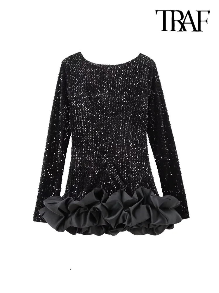 TRAF Women Fashion Matching Voluminous Hem Sequined Mini Dress O Neck Long Sleeve Female Dresses Vestidos Mujer 241216