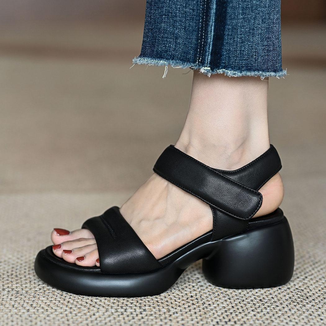 Thick soled high for women's 2024 summer new soft leather thick heels with raised waterproof platform, black open toe sandals #50 ddmykukumalu