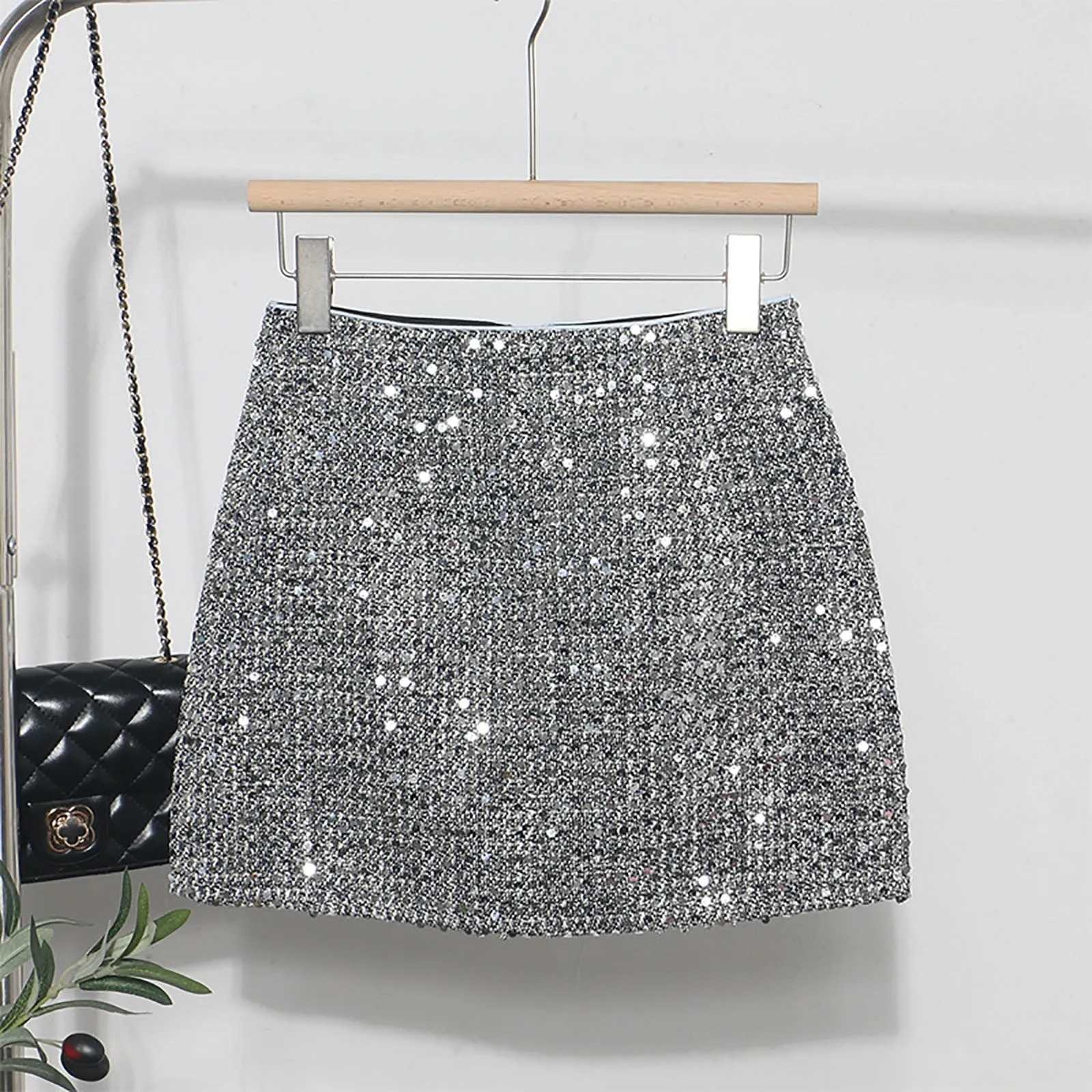 Silver Sequin Skirt For Women High Waist Mini Skirt Fe Fashion Shiny Ele Short Skirts Office Lady Casual Glitter DressXJ241221