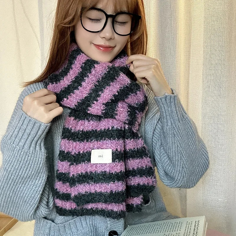 Korean Sle Striped Knitted Scarf Women Winter All-Match High-Grade Wool Warm Christmas and Year Gift 241220