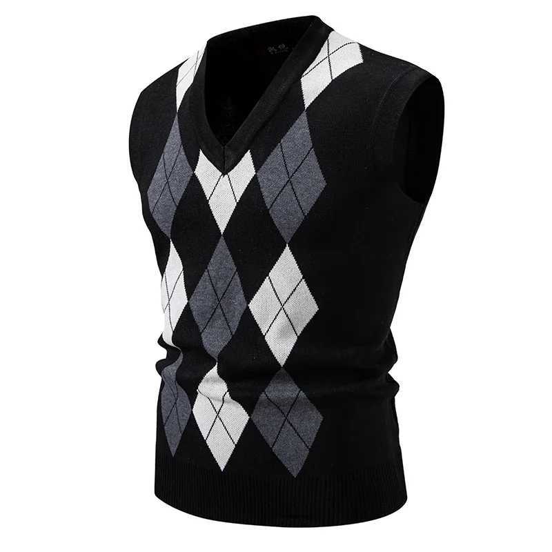 Autumn and Winter New Knitted Vest V-neck Diamond Grid Pullover Sweater Vest Mens SweatersXJ241221