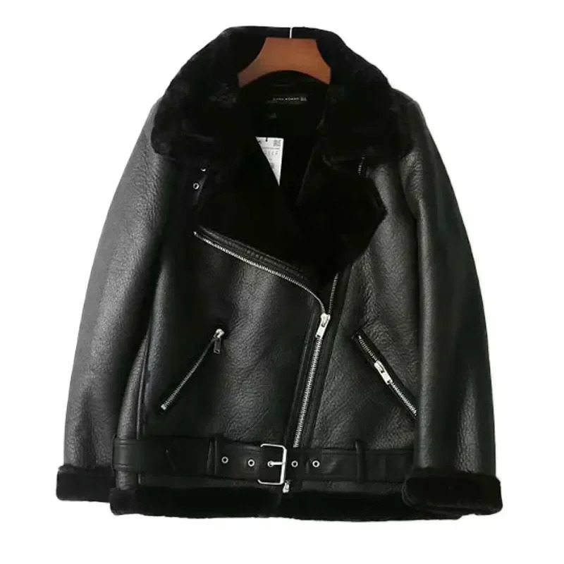Elegant Women Faux Lamb Wool Fur Leather Jacket Winter Fashion Lady Sashes Black Outerwear Streetwear Female Zipper Suits 241216