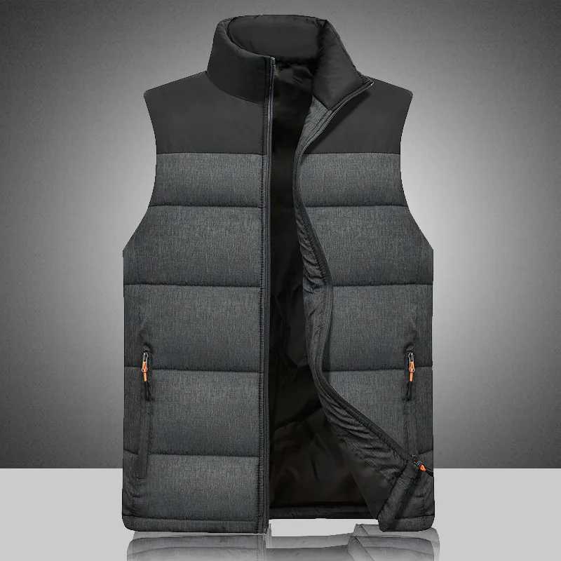 2023 Autumn and Winter Mens Solid Color Zipper Spliced Cardigan Pocket Cotton Tank Top Standing Collar Vest Jacket Fashion TopsXJ241221