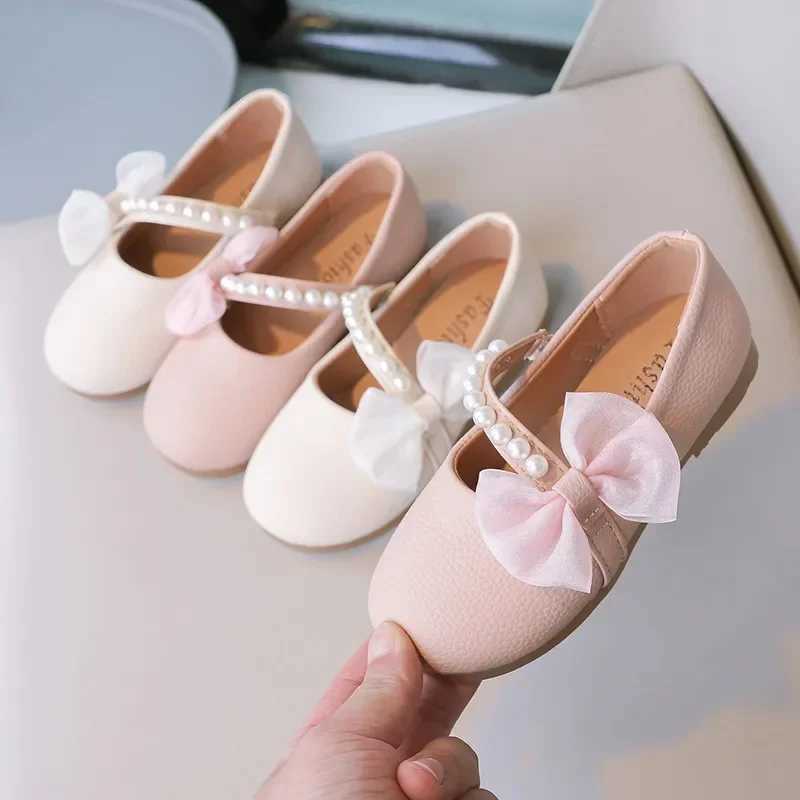 Sneakers Kids Mary Janes Shoes for Party Wedding Children Elegant Princess Shoes with Bow-knot Girls Pearls Flats Leather Shoes Round-toe H241221