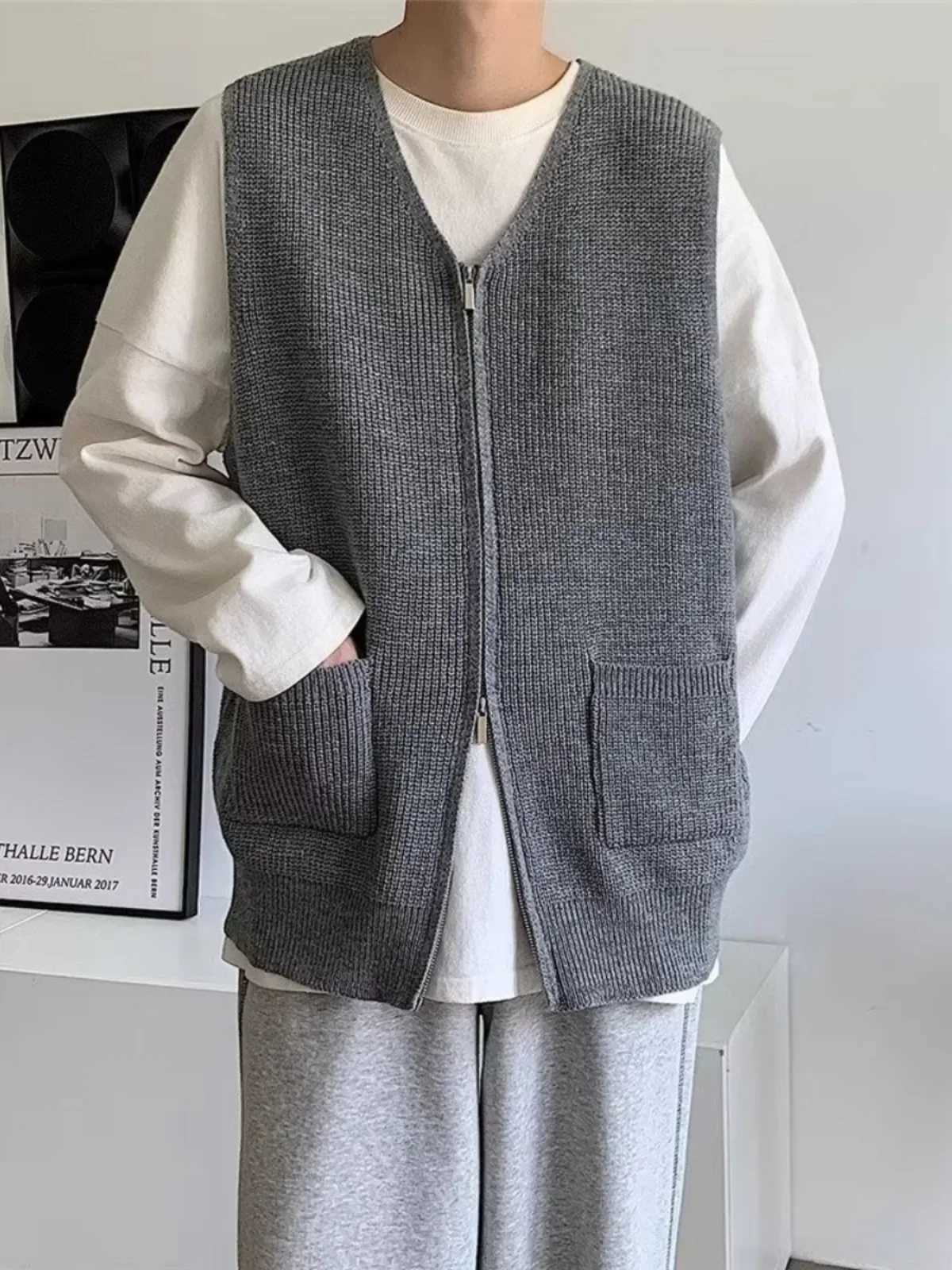 2024 New Mens Spring Autumn Fashion Zipper Knit Vest Coat Male Loose Cardigan Vest Men Solid Color Sweater Waistcoat A38XJ241221