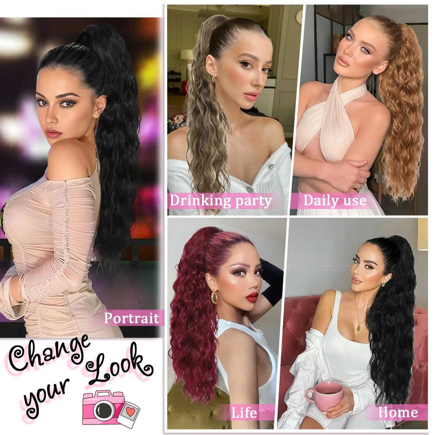 Long Curly Wavy Ponytail Hair Extension For Women Drawstring Ponytail Hairpieces Synthetic Fake Horse Tail Black Blonde RedXJ241221