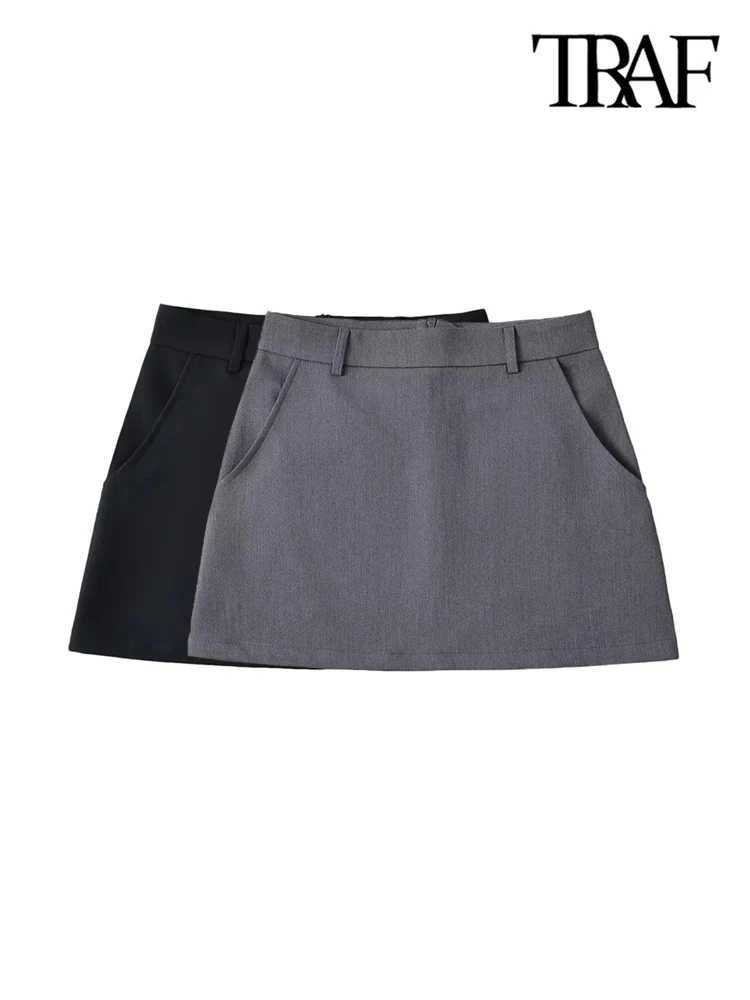 TR-Womens Solid Mini Skirt with Pockets High Waist Back Zipper Fe Skirts Chic FashionXJ241221