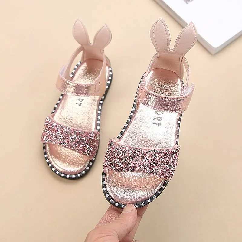 Sneakers Childrens sandals suitable for young girls older girls childrens beach shoes cute princess rhinestones rabbit ears soft fashion 21-36 H241221