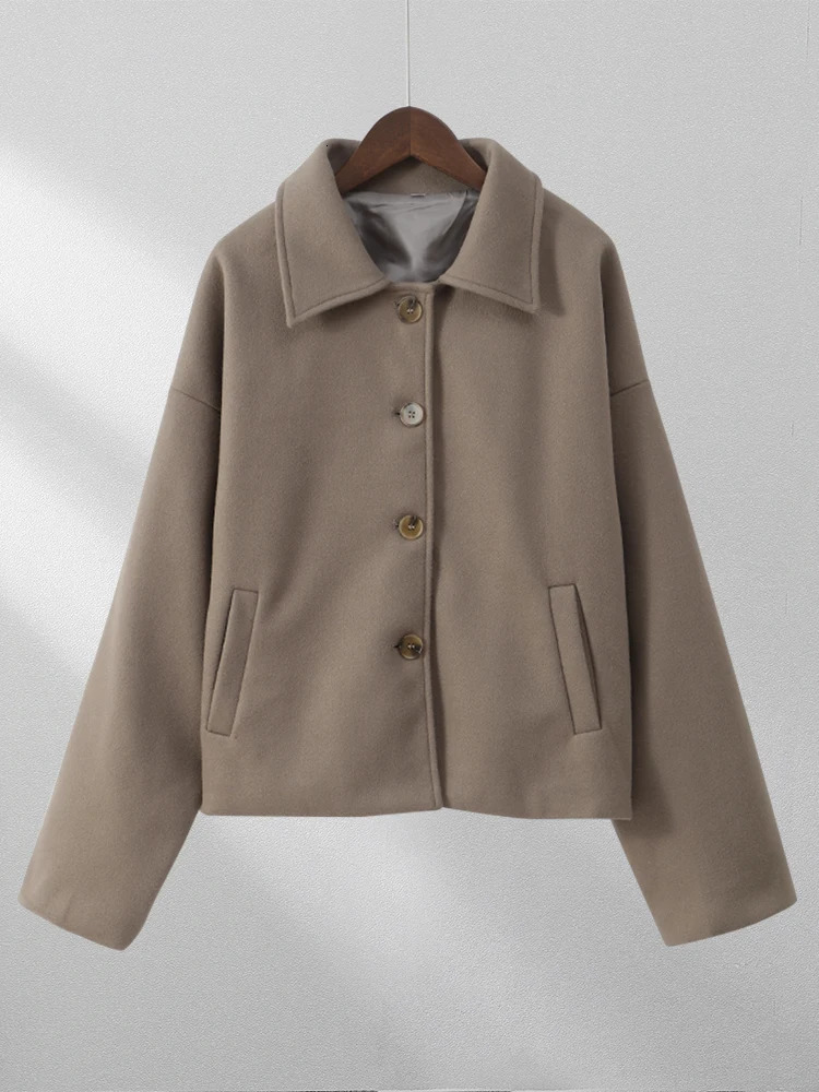 Solid Single Breasted Lapel Woolen Jacket For Women Casual Versatile Long Sleeved Quilted Coat Female High Street Outerwear 241216