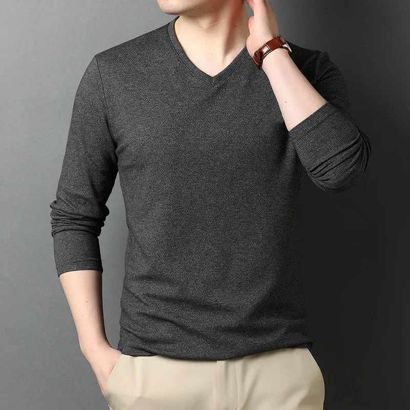 Boreathiman Top Quality Fashion Solid Color Plain Tees V Neck Long Sleeve t Shirt Men Cotton Casual Clothes 241217
