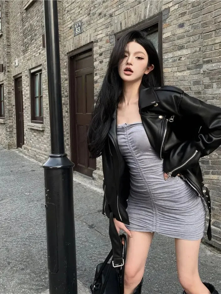 2000s Fashion AmericanTrend PU Leather Jacket and Coat Women Street Hip Hop Loose Zipper Unisex Motorcycle 241216