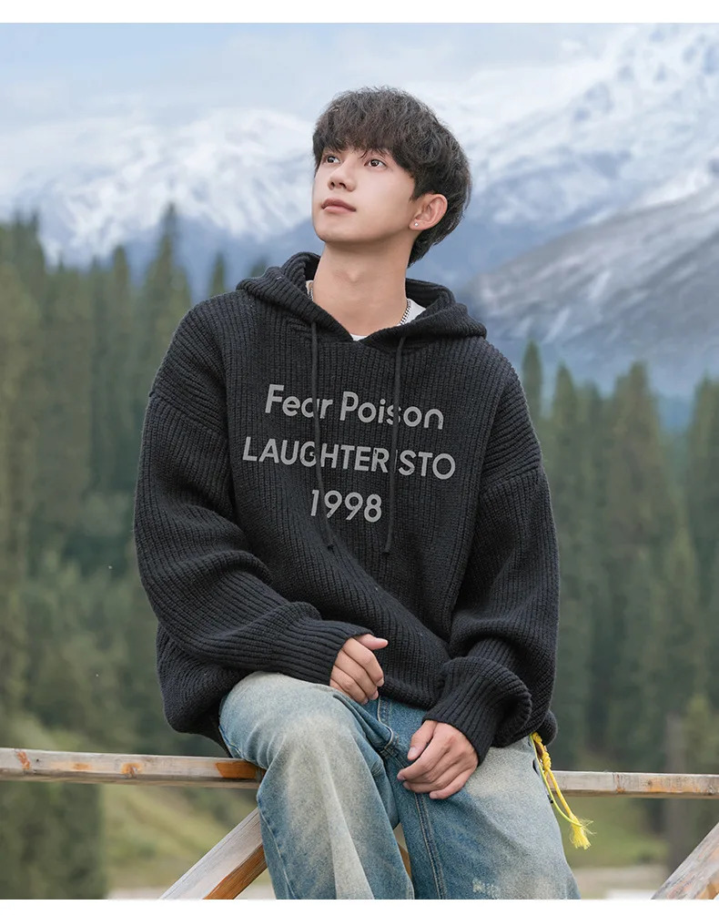 Velvet Hollow Hole Breaking Knit Sweater Mens Autumn Winter Models Loose Lazy Wind Hooded Pullover Sweater Top Warm 241220