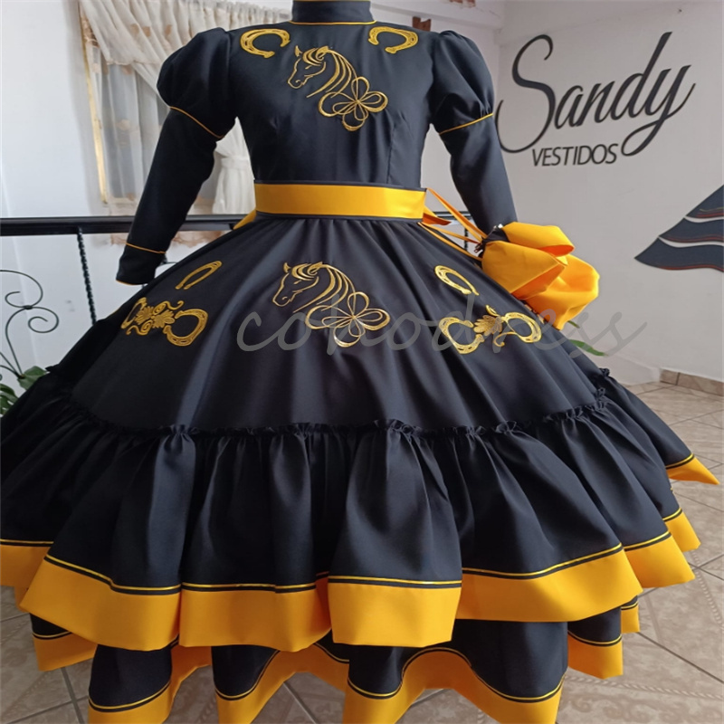 Mexican Black Quinceanera Dress Charro Embroidery Horse Long Sleeve Birthday Party Sweet 16 Vestidos De 15 Anos Xv Debutante Halloween Cosplay Costume