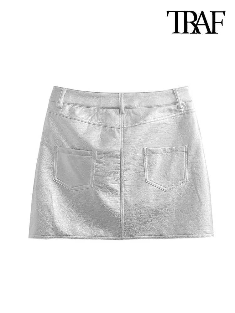 TR Women Fashion Front Pockets Faux Leather Silver Mini Skirt Vintage High Waist Zipper Fly Fe Skirts jerXJ241221