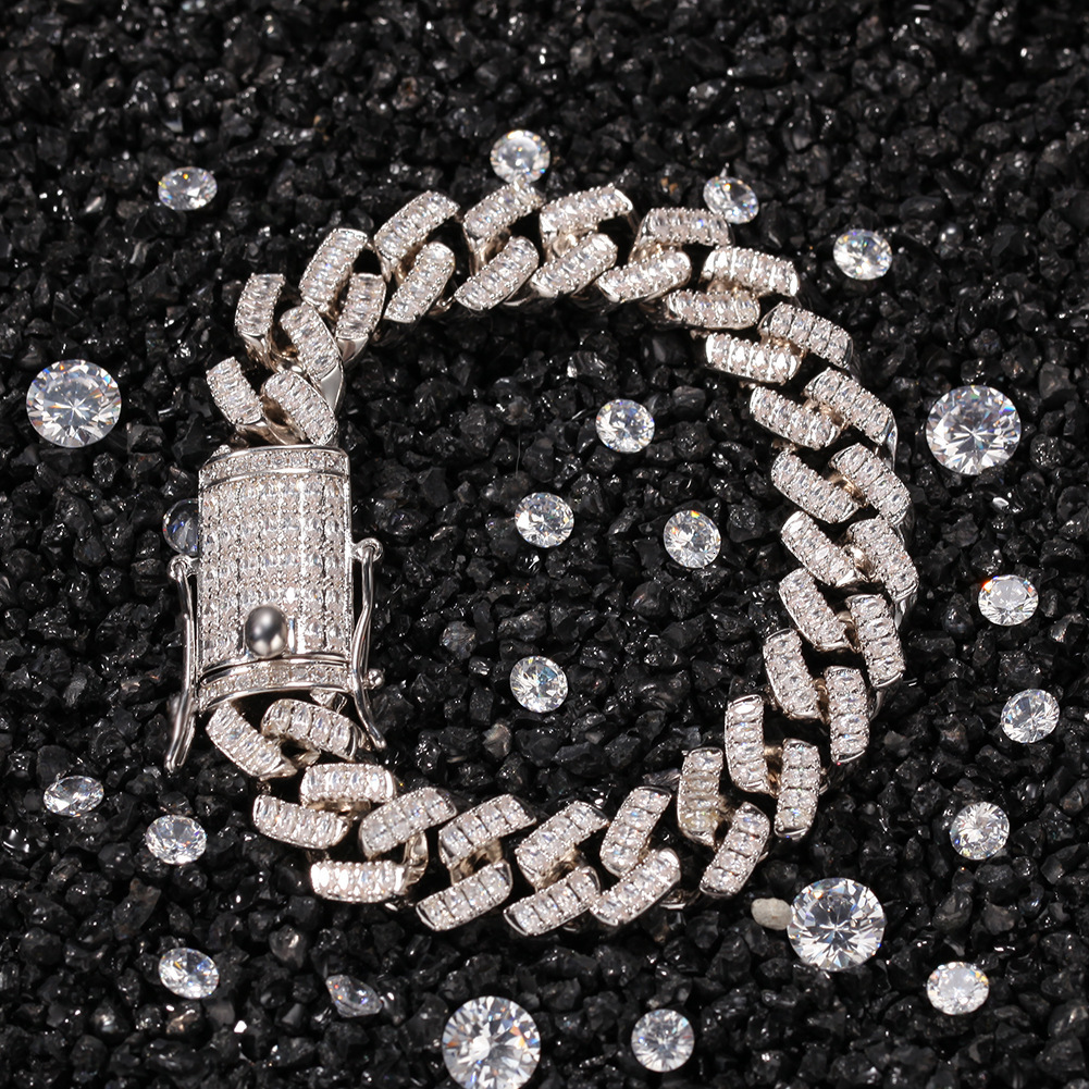 Fine Quality Iced Out Full Baguette Cubic Zirconia Mens Bracelet New In White Gold Prong Cz Stones Cuban Link Chain Bangle Bracelets Hip Hop Jewelry P