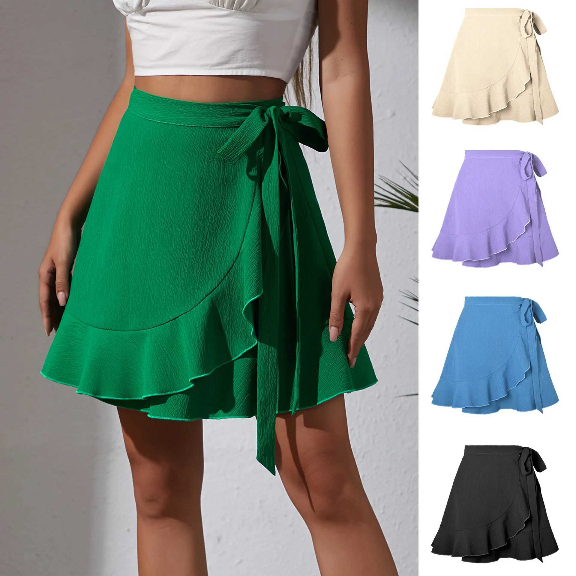 2024 Women Ruffle Skirt Summer High Waist Lace Up Solid Short Mini Vestidos LDY-WW6358XJ241221