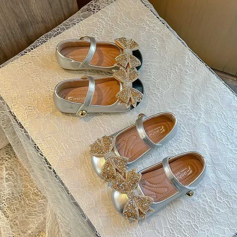 Sneakers Children Princess Leather Shoes for Girls 2024 Autumn New Fashion Soft Bottom Chic Bowtie Anti-slippery Performance Dress Shoes H241221
