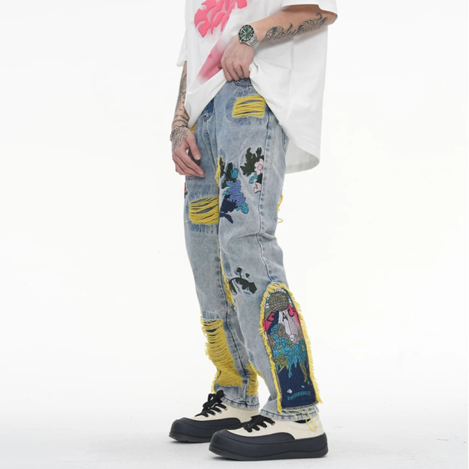 Harajuku Oil Painting ed Tassel Denim Ripped Jeans for Men Streetwear Washed Destroyed Pleated Straight Leg Pant Jean 241218