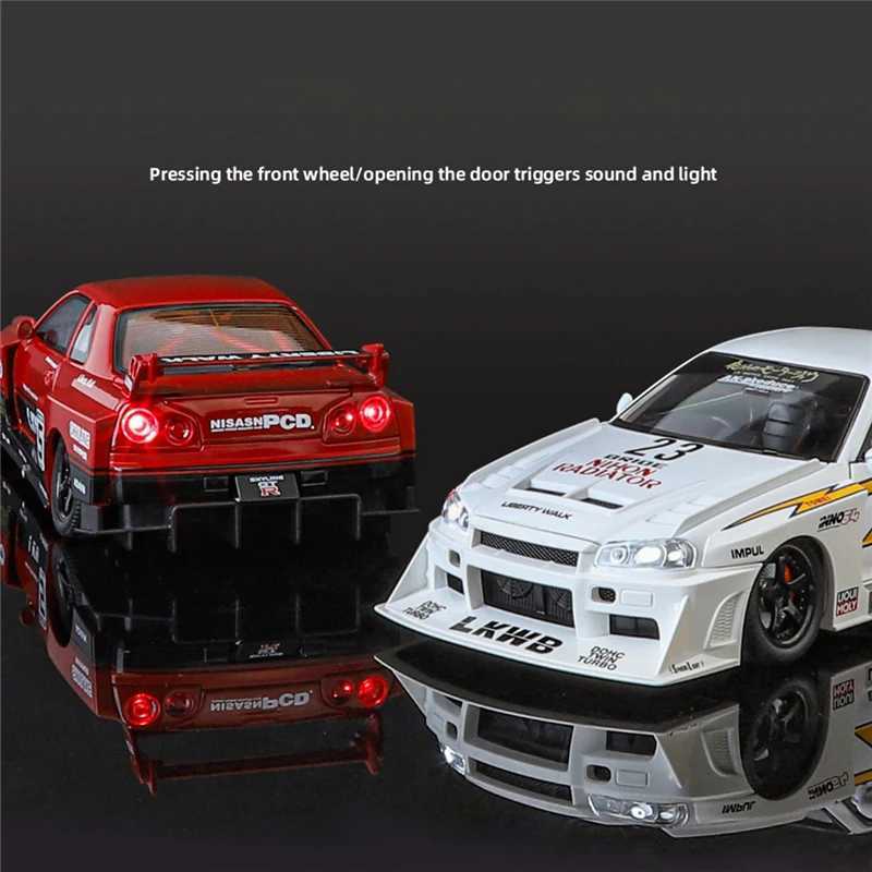 Free shipping 1 24 Nissan Skyline Ares GTR R34 Alloy Modified Wide Body Sports Diecast Raing Car Model Sound and Light Kids Toy Gift