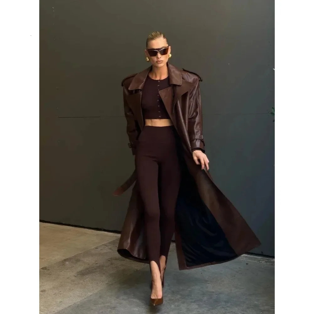 Women Fashion with Belt Long Style Single Breasted Faux Leather Coat Vintage Sleeve Pockets Female Outerwear 241216