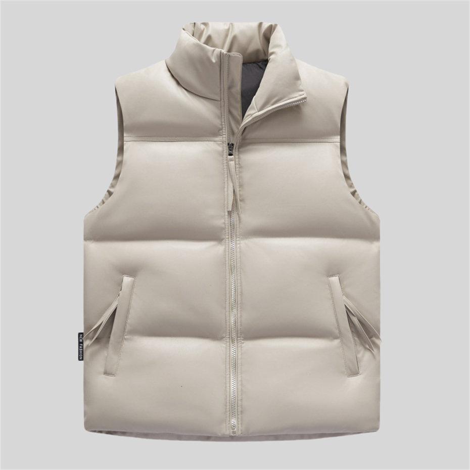 Windproof PU Leather Vest Winter Sleeveless Jacket Padded Coat Men Zipper Warm Thicken Waistcoat Thick Gilet Black Jackets