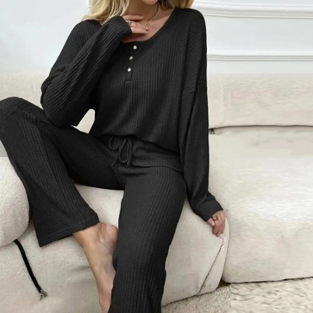 Waffle Texture Women Solid Color Casual Pajama Set Korean Pajamas Women Pijama Female Bedroom Set Woman 2 Pieces Loungewear 241217