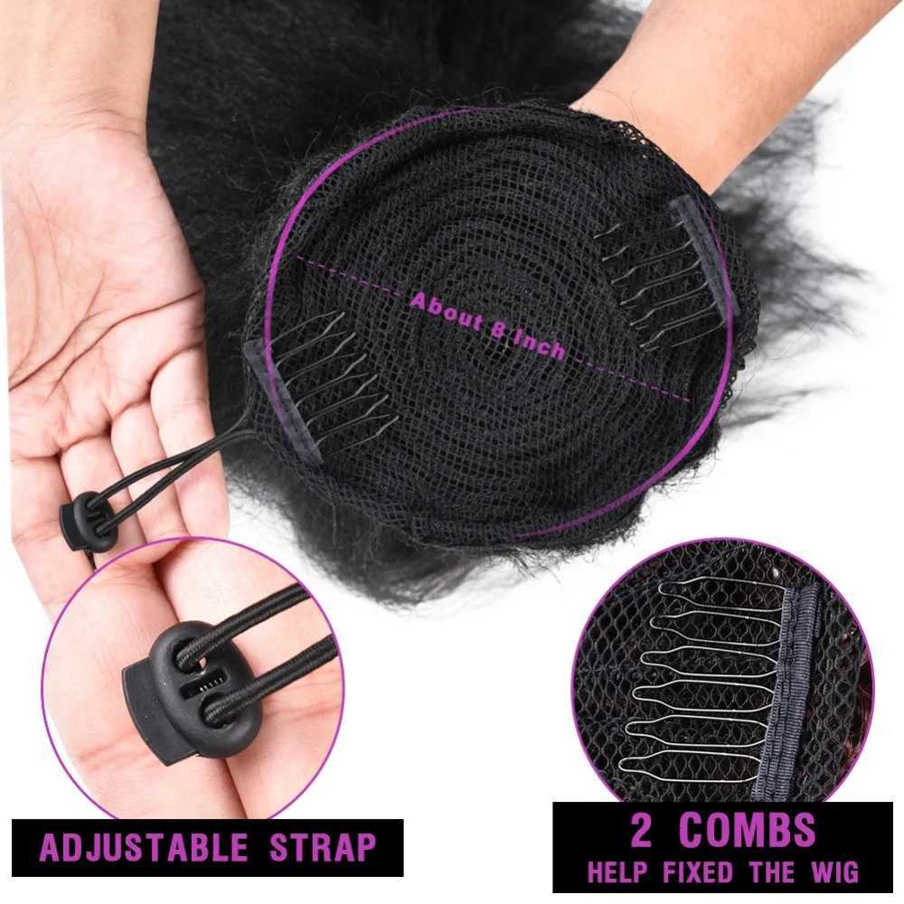 Lydia Tail Warping Synthetic 16 Kinky Straight Hairpiece With Two Plastic Comb Drawstring Ponytail Hair Extension 1B# BlackXJ241221