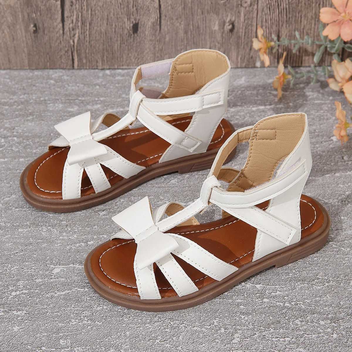 Sneakers Summer Girls Flat Round Toe Braided Hollow Tie Strap Design Velcro Cute Fashion Sandals H241221