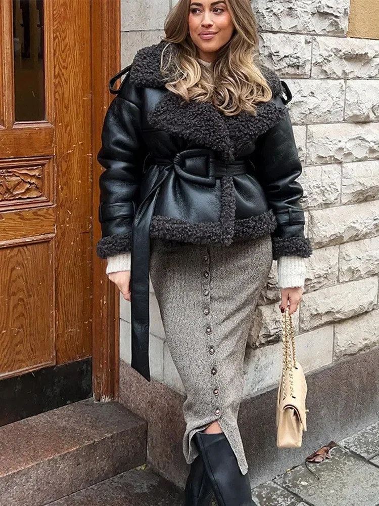 Winter Women Black Lace Up Thick Leather Jacket Fashion Long Sleeve Big Lapel Button Short Slim Coat Lady Highstreet Outwear 241216