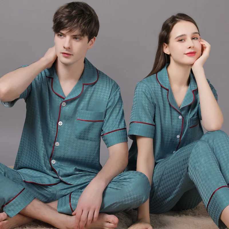 High quality couple pajamas set summer short sleeved pants home fabric mens ice silk thin satin oversized pajamas set womens W241221