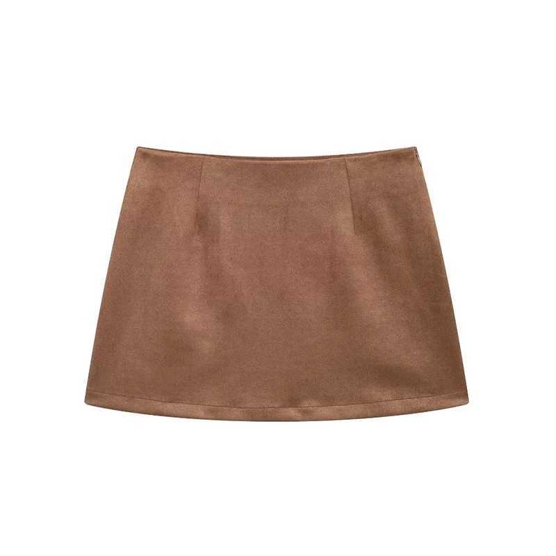 Willshela Women Fashion Brown Side Zipper A-Line Mini Skirt Vintage High Waist Fe Chic Lady SkirtsXJ241221