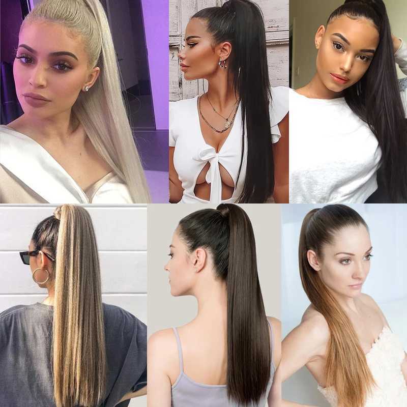 LISI GIRL Synthetic 2234 Long Straight Wrap Around Ponytail Clip in Hair Extensions Black Hairpiece HeadwearXJ241221