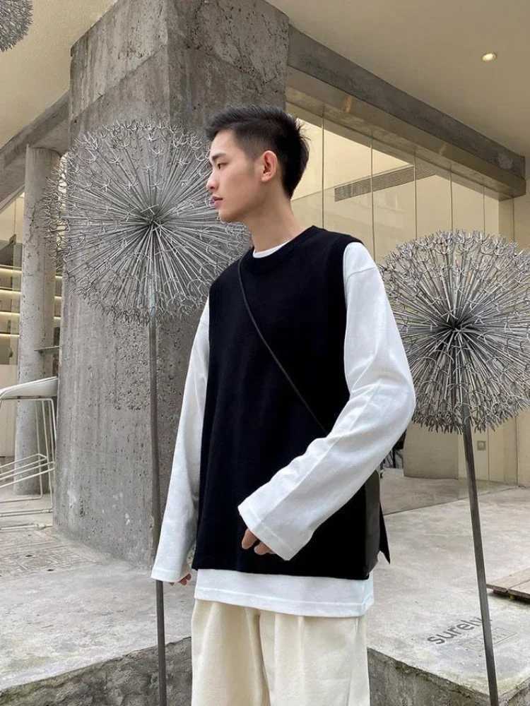 Knit Sweater Male Solid Color Plain Slit Mens Clothing Black Vest Waistcoat Sleeveless Korean Autumn Clothes Winter 2024 A NeckXJ241221