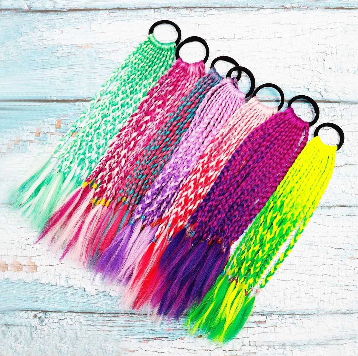 Girls Rubber Bands Hair Extension for s Colorful Braided Ponytail Rainbow Hair Accessories 14 Inch Synthetic HairpiecesXJ241221