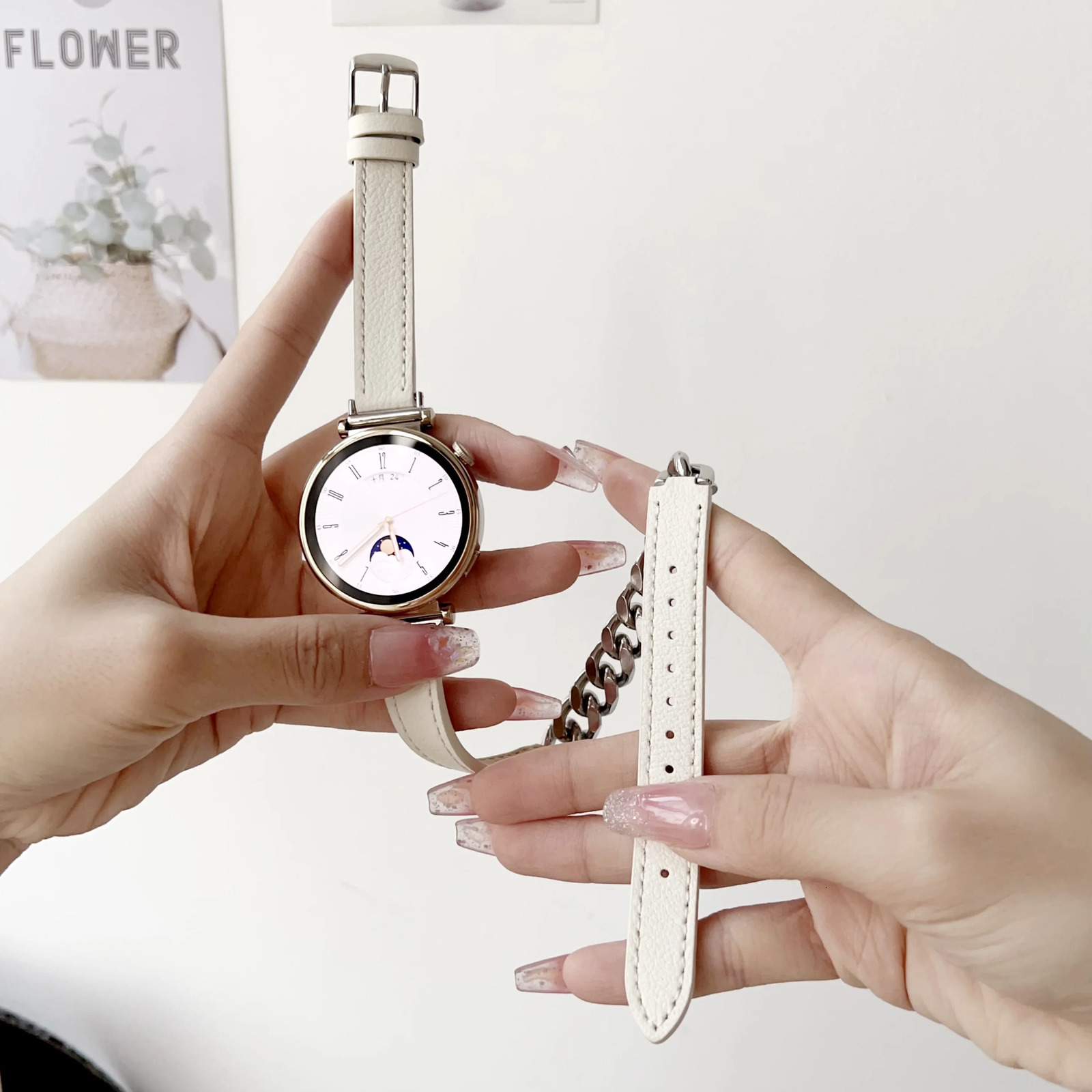 18mm Chain leather strap watch band For Huawei Watch GT4 5 41mm Smartwatch strap for women girl lady 241220