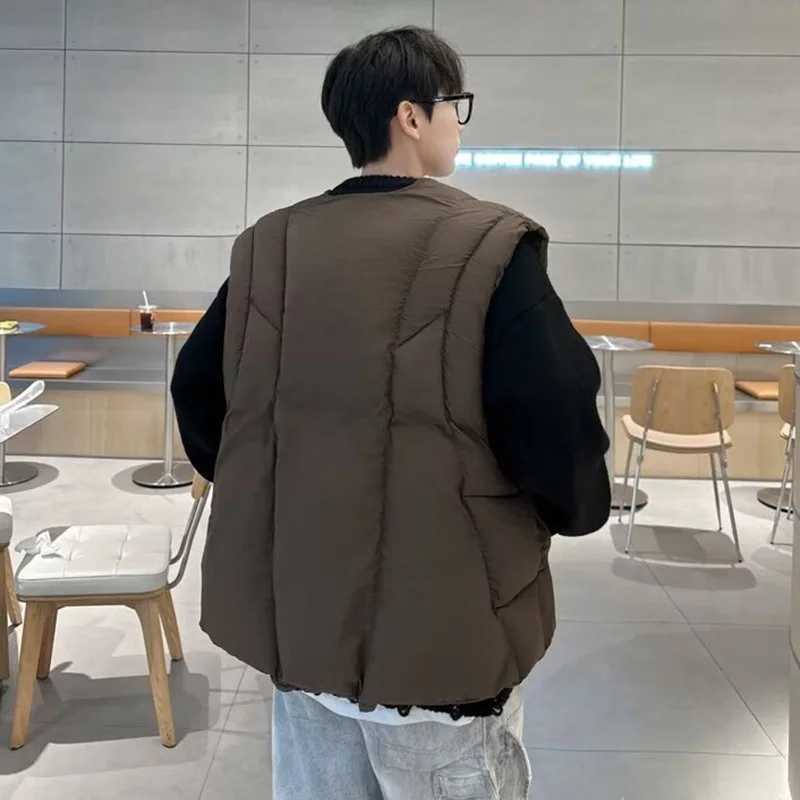 FEWQ American Deconstruction Men Short Cotton Jacket 2024 Winter New Fashion Wearing Vest Zipper Sleeveless Design Tops 24E5212XJ241221