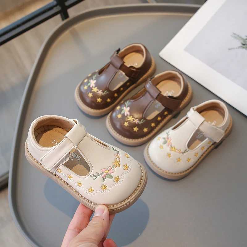 Sneakers Childrens Baby Leather Shoes Spring Fall Size 21-30 Embroidery Boys Girls Walking Shoes Brown Casual Non-slip Kids Single Shoes H241221