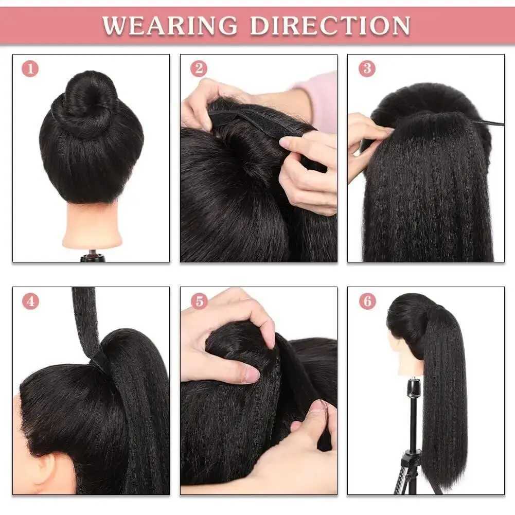 Synthetic Black Long Ponytail Extensions Wrap Around Yaki Straight Ponytail Soft Clip in Hair Extension Heat Resistant HairpieceXJ241221