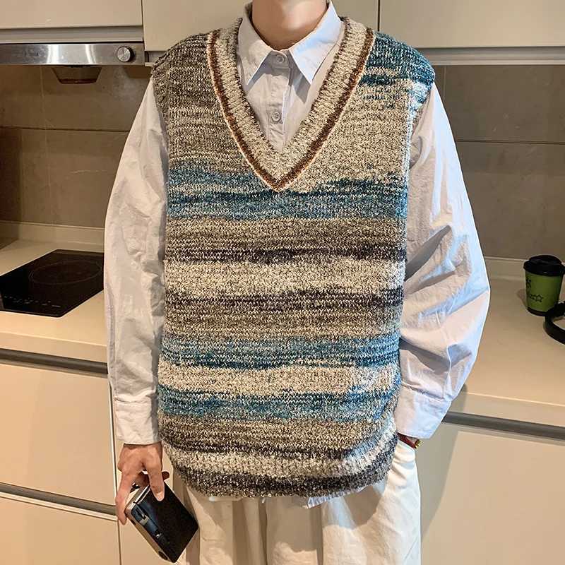2024 Men Spring Autumn Fashion Contrast Color Knitwear Vest Male Gradient Sweater Waistcoat Mens V-neck Sleeveless Tops K461XJ241221