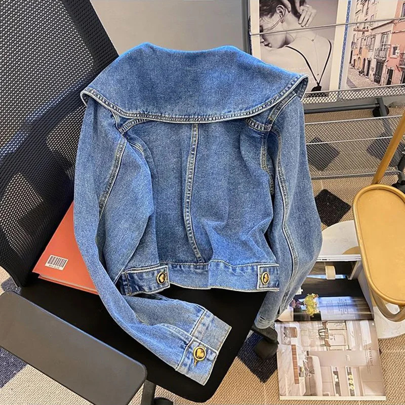 Peter Pan collar denim womens retro single chest sweet long sleeved spring autumn heart-shaped button beautiful style jacket 241219