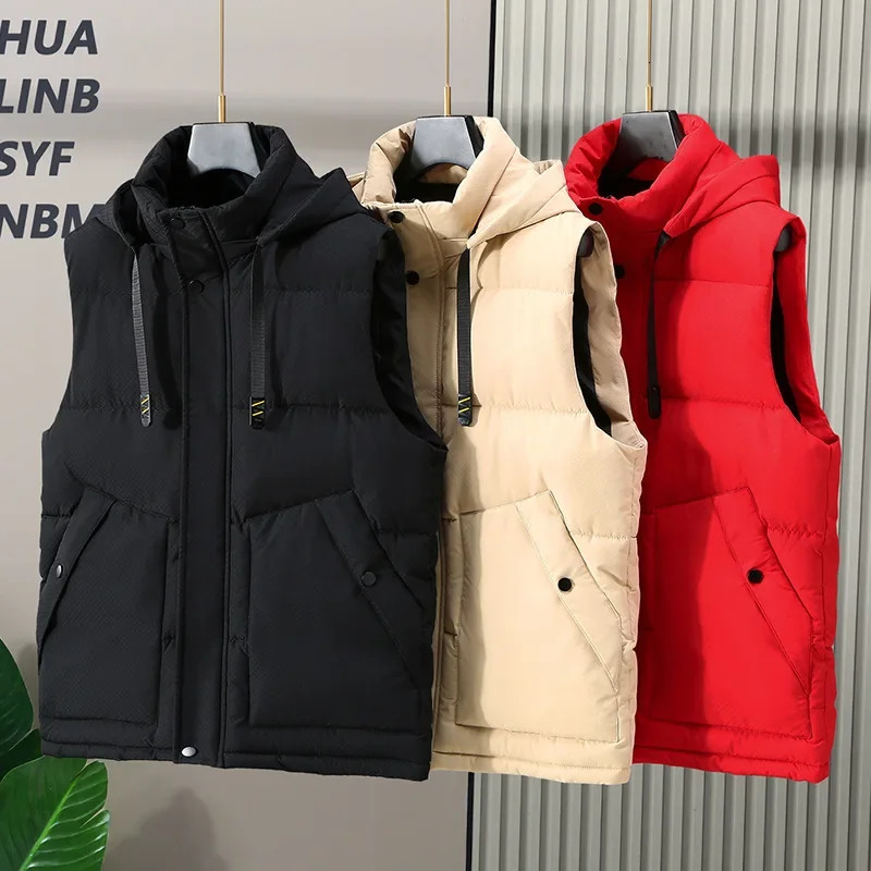 Big Size Men Padded Vest Winter Hooded Zip-up Sleeveless Jacket Padding Golf Cotton Waistcoat Work Warm Large Pocket Plus 8XL