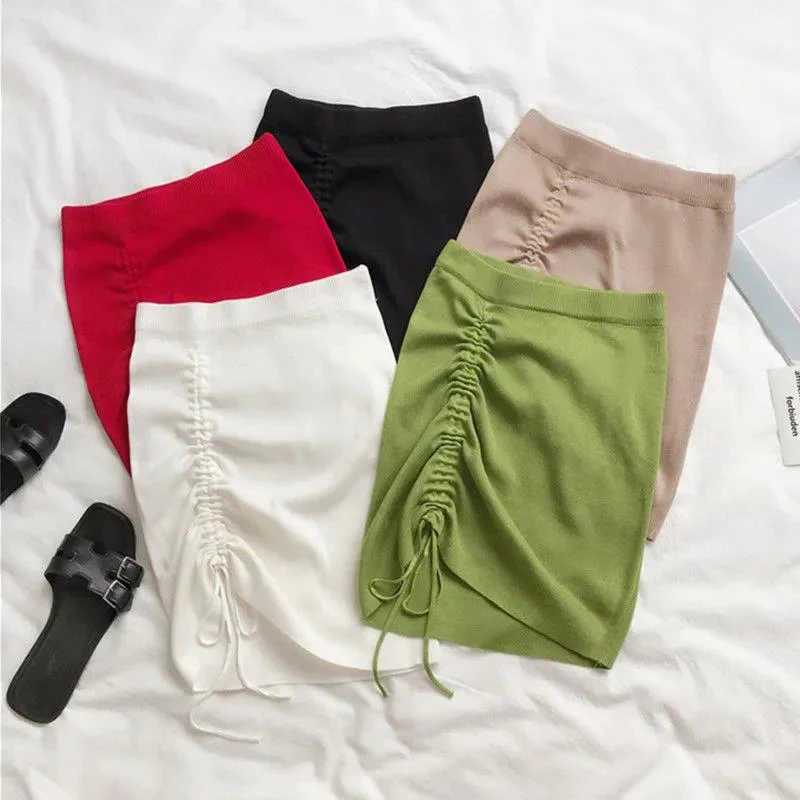 White High Waist Stretch Side Drstring Skirt Women Club Slim knitted Short Skirt Sexy All-match Fashion Mini Skirt BlackXJ241221